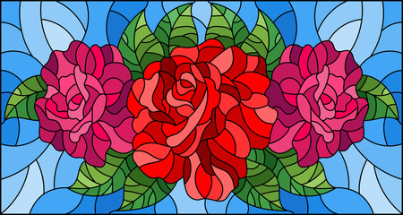 Illustration in stained glass style with flowers, buds and leaves of  roses on a blue background 