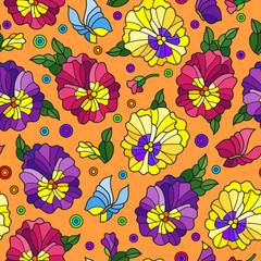Seamless pattern with pansys and butterflies, bright flowers on orange background