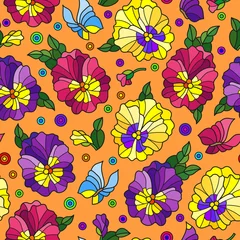 Fotobehang Seamless pattern with pansys and butterflies, bright flowers on orange background © Zagory