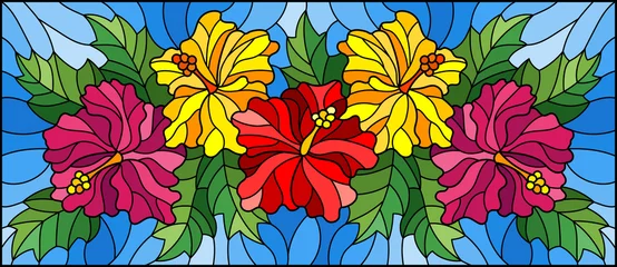 Tuinposter Illustration in stained glass style with flowers and leaves  of hibiscus on a blue background © Zagory