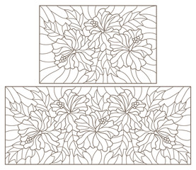 Set contour illustrations in the stained glass style with floral pattern of hibiscus, dark outline on a white background