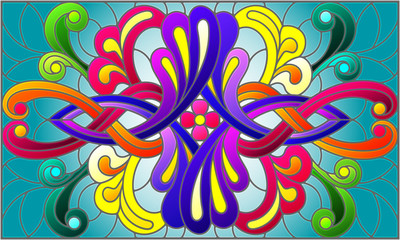 Illustration in stained glass style with abstract  swirls,flowers and leaves  on a blue background,horizontal orientation