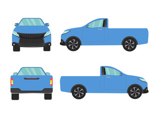 Set of blue pickup truck single cab car view on white background,illustration vector,Side, front, back