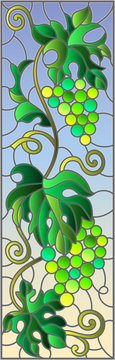 The illustration in stained glass style painting with a bunch of green grapes and leaves on blue background,vertical image