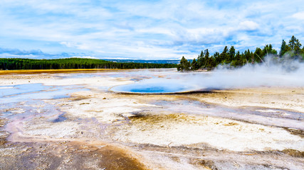 Spouting water of the active Jelly Geyser with its yellow sulfur mineral mount in the Lower Geyser Basin at the Fountain Paint Pot Trail in Yellowstone National Park, Wyoming, United States