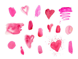 A set of pink watercolour textures for Valentine 's Day. Circles, blots, splashes, hearts and lines on an isolated background. Design for cards, textiles, packaging paper, stickers, web, backgrounds.