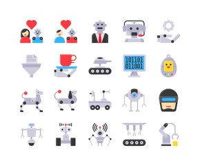 Robotics related flat style icon set, vector illustration