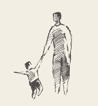 Father baby are walking hand drawn vector sketch