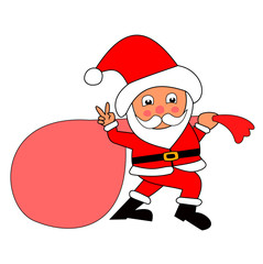 Santa Claus pulling huge bag of gifts isolated on white background, The men with v sign hand