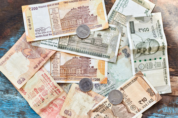 Indian rupees. Indian money, banknotes, and coins in denominations of 1, 2, 10, 20, 200, 500. 