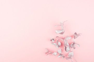 Elegant silver eucalyptus leaves as festive decorative border on soft light pastel pink background, copy space, top view.