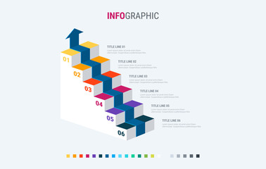 Colorful diagram, infographic template. Timeline with 6 options. Stairs workflow process for business. Vector design. Warm palette.