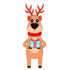 Reindeer standing and holding a gift box, Deer wearing a red scarf isolated on white background, Cartoon and graphic about Christmas and New Year's celebration