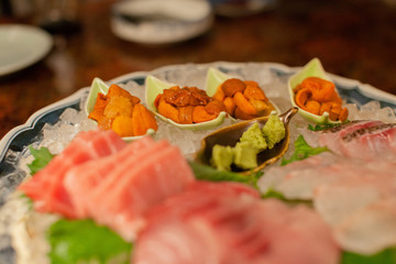 Sashimi platter of sea urchin close up