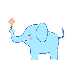 The blue elephant holding and giving pink flower isolated on white background, Symbol of congratulation, Cartoons and graphics for  Love and Valentine's Day