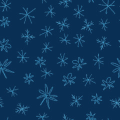 Fototapeta na wymiar Hand Drawn blue Snowflakes Christmas Seamless Patt