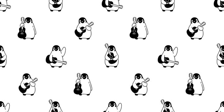 penguin Seamless pattern guitar vector music musician bass ukulele bird cartoon scarf isolated tile background repeat wallpaper doodle illustration design
