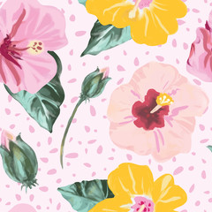 Tropical painted hibiscus flowers pattern in pink, green and yellow. Modern and colorful seamless vector design, perfect for textile, fashion, home decor, stationery and cards. Large scale floral.