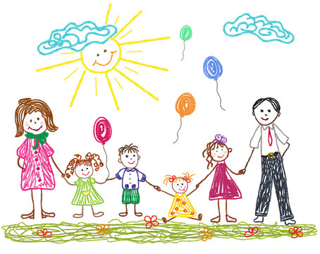 Friendly family with mom dad and children. Children's drawing drawn in crayons