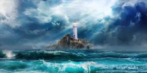 Fototapeten Leuchtturm im Sturm mit großen Wellen, die auf den Tsunami warten © aleksc