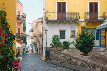 a beautiful typical multicolored street in Lipari, Aeolian islands, Italy.