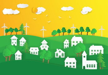 paper art.landscape with houses and trees.concept of eco. earth day and world environment day.sun set.