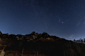 月光に照らされた瑞牆山と冬の星空