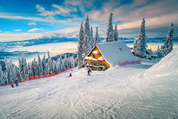 Wonderful ski resort with skiers, Poiana Brasov, Carpathians, Transylvania, Romania