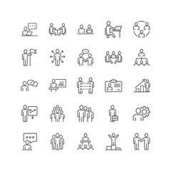 Business communication contour icon set in flat style. Team structure line vector illustration on white isolated background. Office teamwork linear stroke business concept.