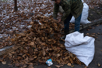 A man cleans and sweeps a yard