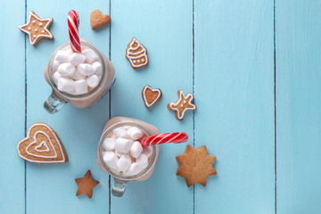 Hot chocolate with marshmallows, a sugar cane and ginger cookies on a turquoise background.
