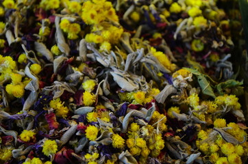 Colorful counter with tea at Istanbul Spice market