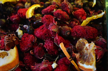 Colorful counter with tea at Istanbul Spice market