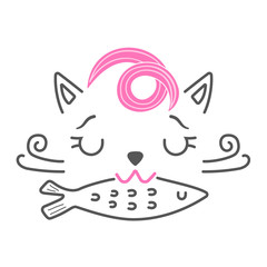 Illustration of a funny cat with a fish