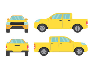 Set of yellow pickup truck car view on white background,illustration vector,Side, front, back