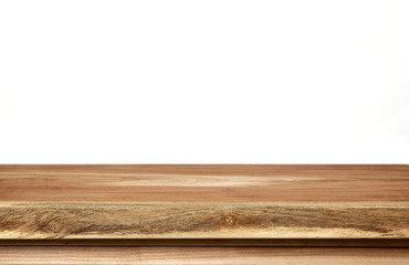 Empty wood table top on white background