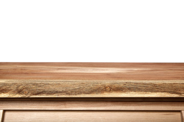 Empty wood table top on white background