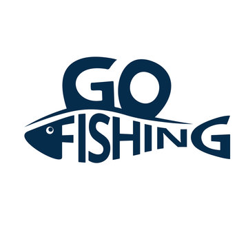 Fishing logo, emblem isolated on white background. Lettering fishing shaped like a fish. Design element. Vector illustration.