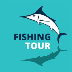 Marlin fish logo. Swordfish fishing emblem. Angry marlina. Design elements for fisherman club or tournament. Big game hunting. Vector illustration.