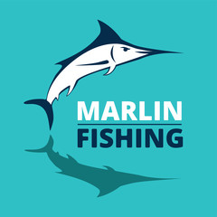 Marlin fish logo. Swordfish fishing emblem. Angry marlina. Design elements for fisherman club or tournament. Big game hunting. Vector illustration.