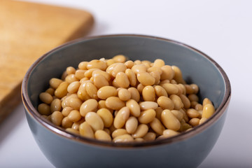 bowl with yellow soy beans. close up