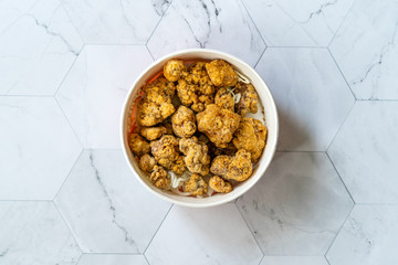 Take Away Japanese Food Karaage Chicken with Sauce / Karaagedon in Plastic Box Package / Container.