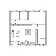 Modern food shop interior with furniture. Vector blueprint. Architectural background. 