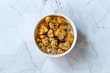 Take Away Japanese Food Karaage Chicken with Sauce / Karaagedon in Plastic Box Package / Container.