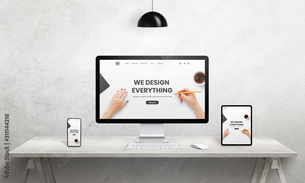 Poster we design everything agency resonsive web page on computer, tablet and phone display. modern devices