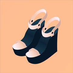 Modern fashion elegant platform sandals in isometric style, drawn with nude beige and dark blue gradients on peach background. Isolated summer women shoes good for boutique and sale promotion