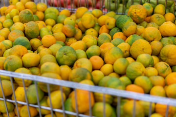 Tangerines on a storefront for sale