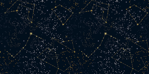 Starry night sky seamless pattern. Magic space print. Stars and constellations on a dark background. Cosmos texture, template for web design, Wallpaper, backdrops, covers, printing.... Vector. - obrazy, fototapety, plakaty