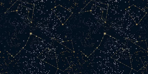 Nahtloses Muster des nächtlichen Sternenhimmels. Magischer Raumdruck. Sterne und Sternbilder auf dunklem Hintergrund. Kosmos-Textur, Vorlage für Webdesign, Tapeten, Kulissen, Abdeckungen, Druck.... Vektor. © Diana  Sityaeva 