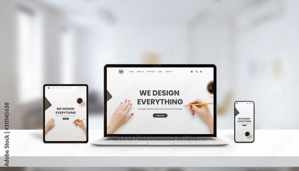 Aufkleber responsive agency web page on laptop, tablet and phone display concept. modern, flat web page design